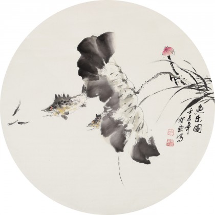 【已售】王宝钦 四尺扇形花鸟精品《鱼乐图》当代花鸟牡丹画名家（询价）