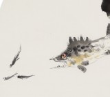 【已售】王宝钦 四尺扇形花鸟精品《鱼乐图》当代花鸟牡丹画名家（询价）