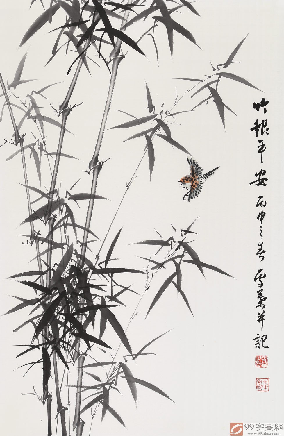 已售何华贤四尺三开竹报平安皖北著名书画家