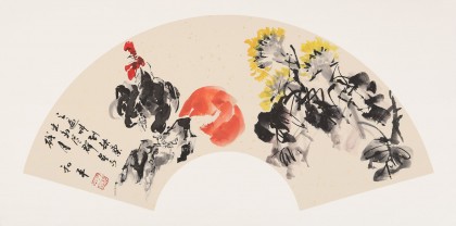 【已售】当代乡土童趣绘画名家尹和平 扇面《雄鸡唱晓》