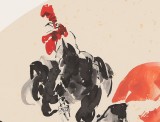 【已售】当代乡土童趣绘画名家尹和平 扇面《雄鸡唱晓》
