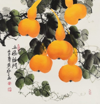 【已售】三尺斗方招财辟邪葫芦画《五福临门》
