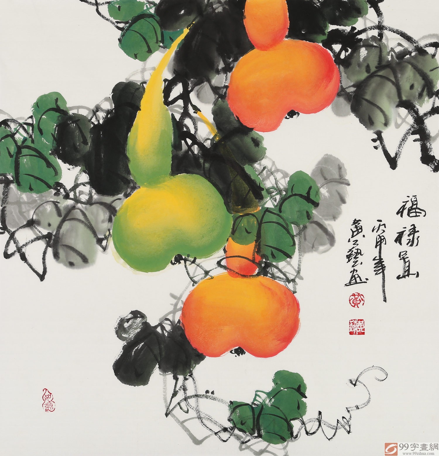 【已售】黄艺三尺斗方招财辟邪葫芦画《福禄图》