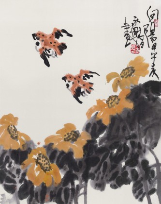 名家王永刚小尺寸手指画《花中双雀》(询价)