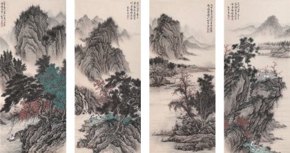 【已售】贵州七星关美协主席吴显刚 四条屏《春游图》