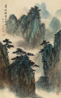 何实 四尺三开《群峰绿透好登临》吉林著名山水画家