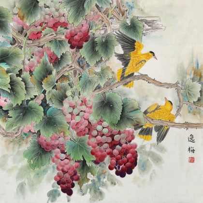 【已售】著名工笔画家赵逸梅四尺斗方《报喜图》