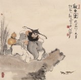 【已售】郭廷 四尺斗方《观鱼图》 当代独具特色的水墨人物名家（询价）