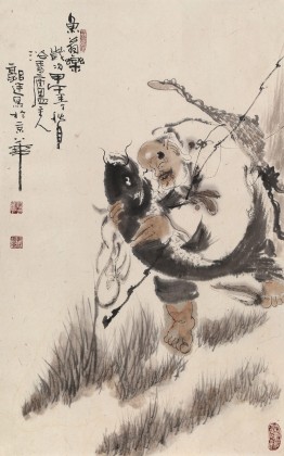 【已售】郭廷 四尺三开《鱼翁乐》 当代独具特色的水墨人物名家（询价）