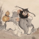 【已售】郭廷 四尺斗方《观鱼图》 当代独具特色的水墨人物名家（询价）