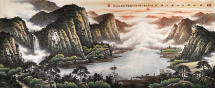 【已售】张慧仁小八尺聚宝盆山水画《日出山涧里 水远江河流》