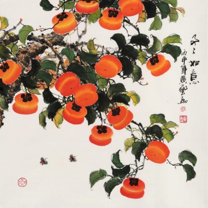 中国古美術★純手描き四尺竖幅・柿柿如意画芯★水彩画・斉白石印款・肉筆・宣紙・文房 中国古美術☆純手描き四尺竖幅・柿柿如意画芯☆