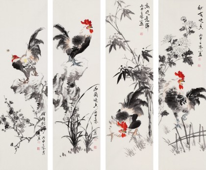 【已售】皇甫小喜 四条屏《雄鸡报春》 河南著名花鸟画家
