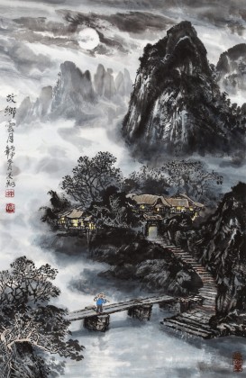 【已售】申凌翔 四尺三开《故乡云月》 广西山水画名家
