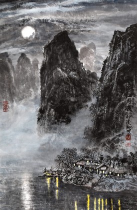 申凌翔 四尺三开《漓江月夜》 广西山水画名家