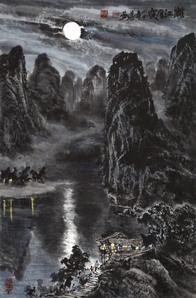 【已售】申凌翔 四尺三开《漓江月夜》 广西山水画名家