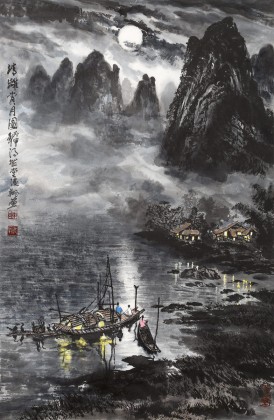 【已售】申凌翔 四尺三开《清漓赏月图》 广西山水画名家