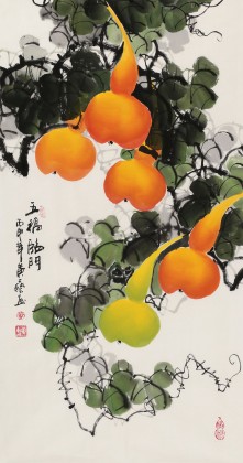 【已售】黄艺三尺招财辟邪葫芦画《五福临门》