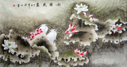 【已售】张洪山六尺《秋塘晓鹭》 著名工笔花鸟画家