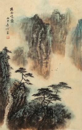 何实 四尺三开《幽谷鸣禽》吉林著名山水画家