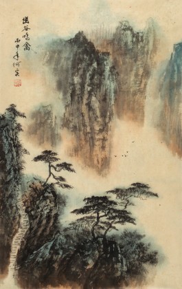 何实 四尺三开《幽谷鸣禽》吉林著名山水画家