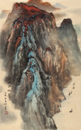 何实 四尺三开《峡江帆影》 吉林著名山水画家