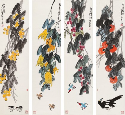 刘纪 四条屏《喜逢盛世》  中国画大家 真迹收藏（询价）