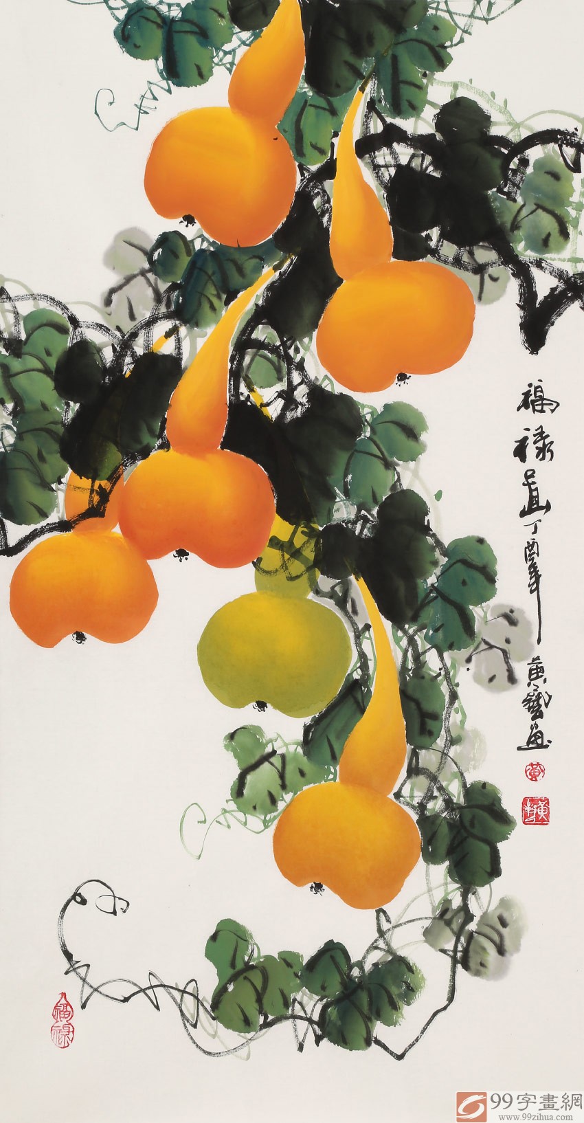 【已售】黄艺三尺招财辟邪葫芦画《福禄图》