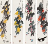 刘纪 四条屏《喜逢盛世》  中国画大家 真迹收藏（询价）