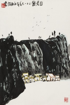 王永刚 四尺三开手指画《山居图》 国家一级美术师（询价）