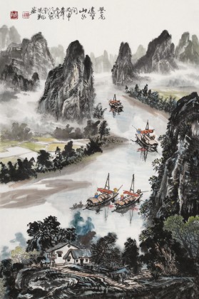 【已售】申凌翔 四尺三开《登高远望山水间》 广西山水画名家