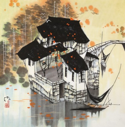 【已售】苗雨 四尺斗方《秋日的江南》 辽宁工美教授 师从吴冠中