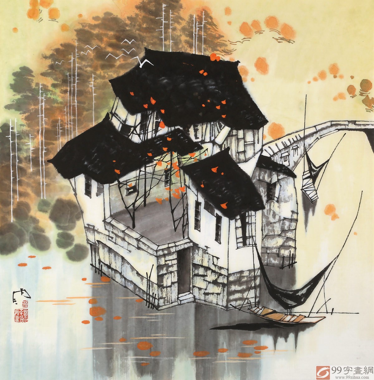 苗雨四尺斗方《秋日的江南》 辽宁工美教授师从吴冠中- 写意山水画- 99