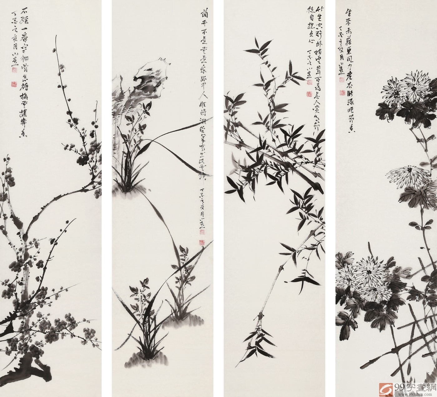 皇甫小喜四条屏《梅兰竹菊》 河南著名花鸟画家- 梅兰竹菊四君子- 99字画网