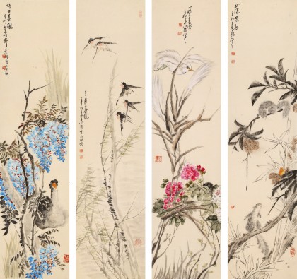 【已售】著名画家王向阳花鸟四条屏《三月春风》(询价)