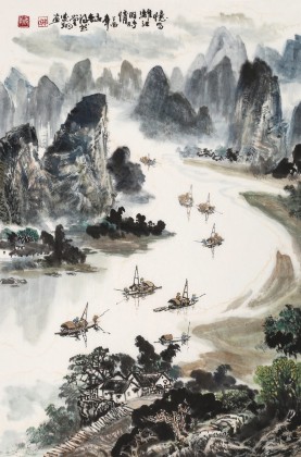 【已售】申凌翔 四尺三开《忆写漓江旧时情》 广西山水画名家