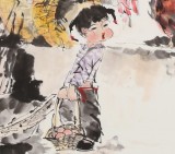 【已售】尹和平 四尺斗方《丫丫》 当代乡土童趣绘画名家