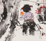 【已售】尹和平 四尺斗方《甜月》 当代乡土童趣绘画名家