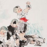【已售】尹和平 四尺斗方《夏趣》 当代乡土童趣绘画名家