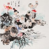 【已售】尹和平 四尺斗方《夏趣》 当代乡土童趣绘画名家