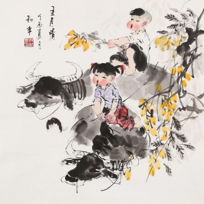 【已售】尹和平 四尺斗方《五月情》 当代乡土童趣绘画名家