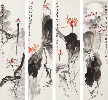 【已售】庾超然 四条屏《映日荷花别样红》 黄鹤楼书画院院长