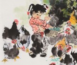 【已售】尹和平 四尺斗方《鸡丫同乐》 当代乡土童趣绘画名家