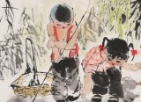【已售】尹和平 四尺斗方《丫鸭》 当代乡土童趣绘画名家