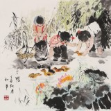 【已售】尹和平 四尺斗方《丫鸭》 当代乡土童趣绘画名家