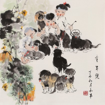 【已售】尹和平 四尺斗方《童年乐》 当代乡土童趣绘画名家