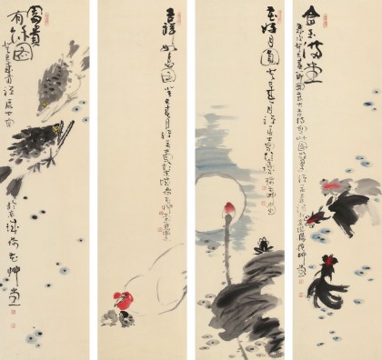 【已售】周自豪 四条屏《金玉满堂》 当代著名禅意画家