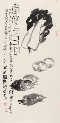 【已售】周自豪 四尺三开果蔬画《萝卜白菜报平安》 当代著名禅意画家