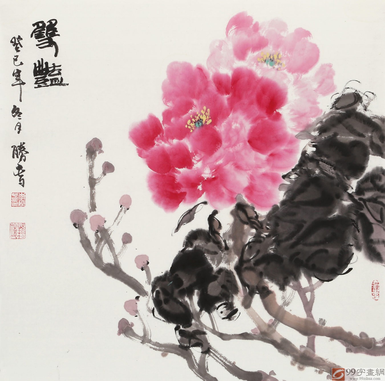 李胜春三尺斗方富贵牡丹画《馨艳》 - 牡丹画- 99字画网