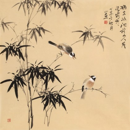 【已售】皇甫小喜 四尺斗方《竹雀报平安》 河南著名花鸟画家